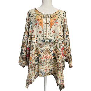 Johnny Was 3/4 Sleeve Womens Tunic Top 100% Silk SZ Medium Floral Boho Lagenlook